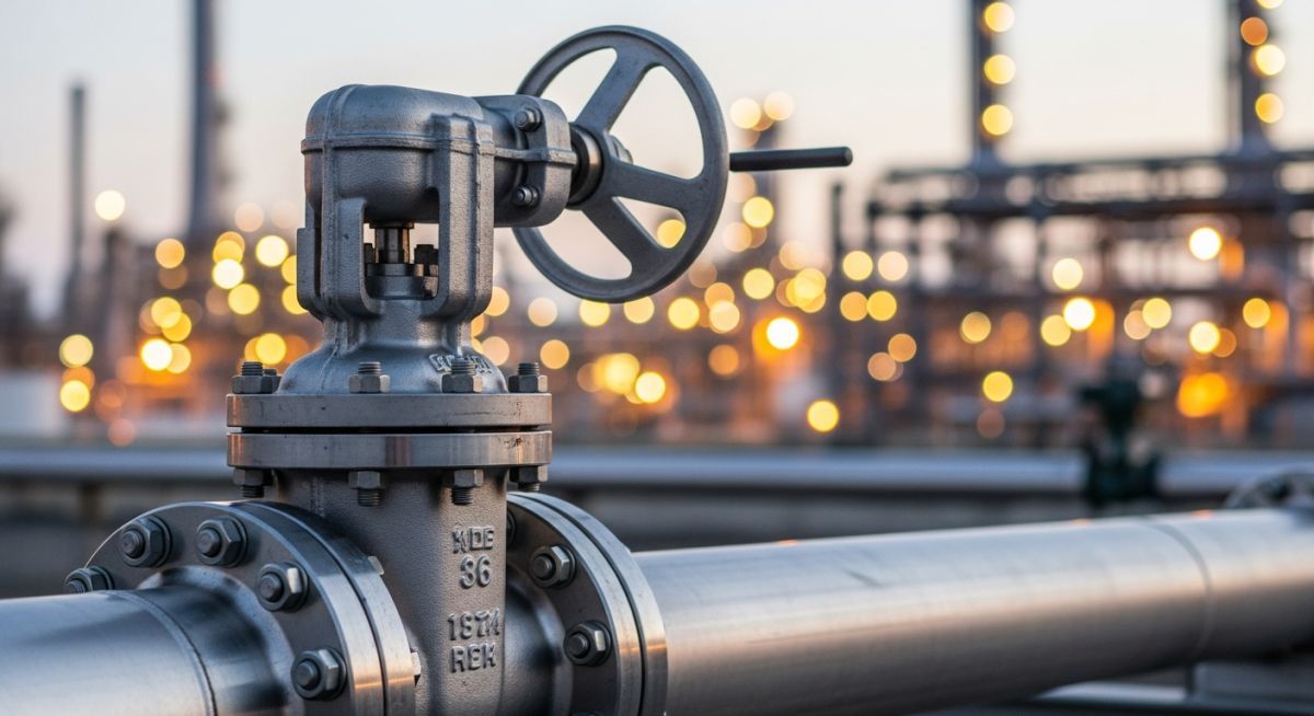 Industrial throttling valve installed in a refinery process line for flow control.