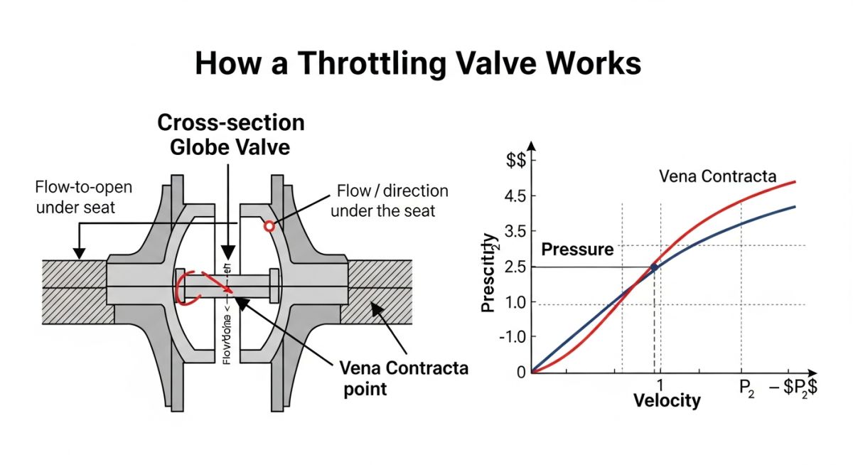Cross section diagram showing the working principle and pressure drop in a throttling valve