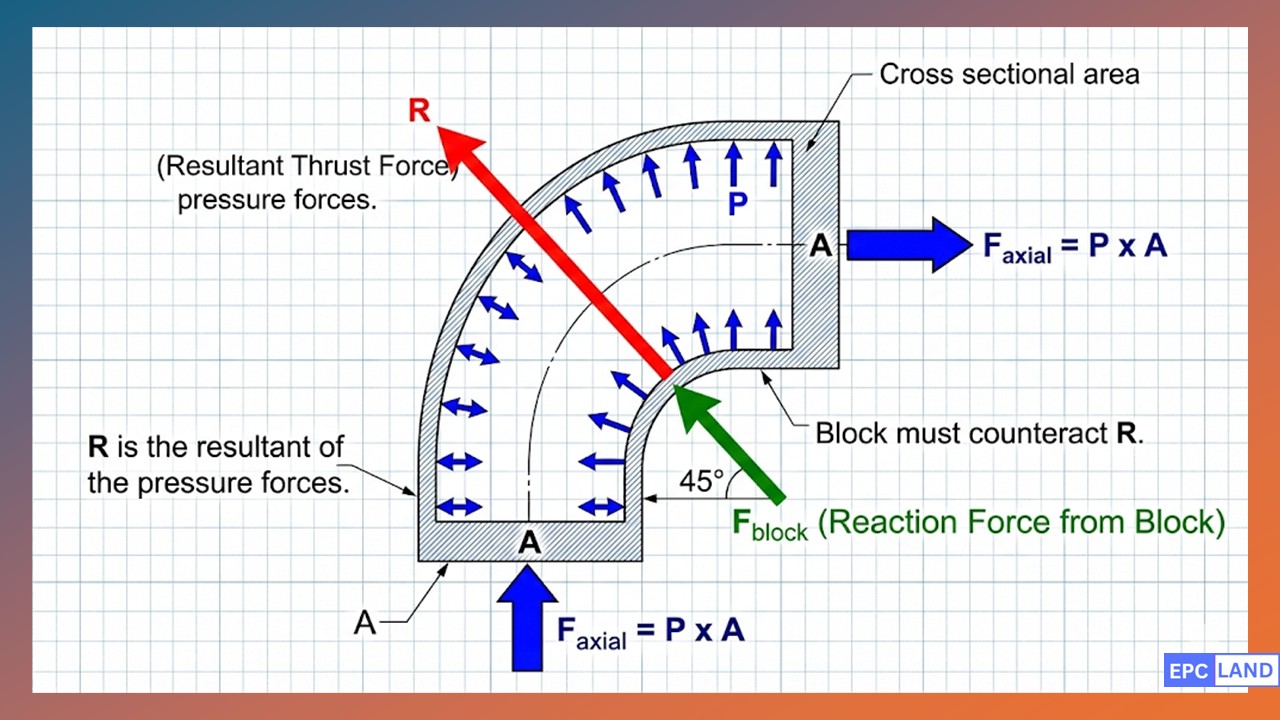 Thrust block calculation formula diagram showing resultant force vectors and soil passive resistance