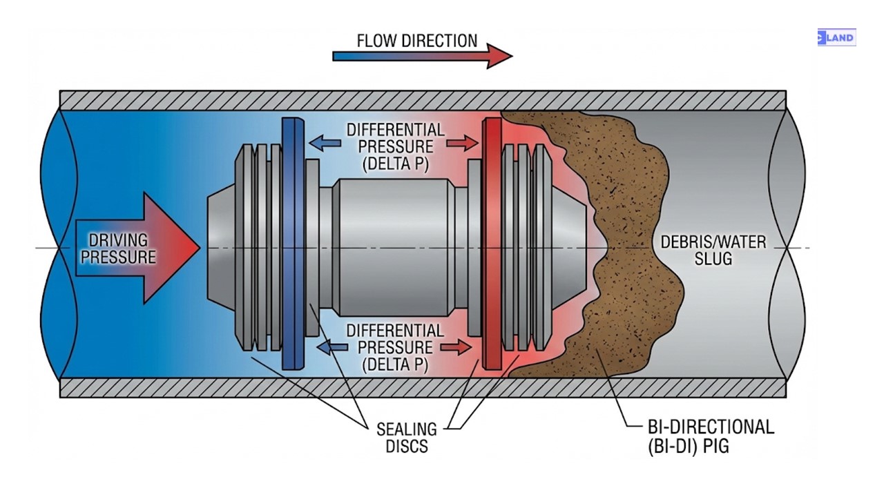 Engineering diagram showing types of pigging mechanics and differential pressure in oil pipelines