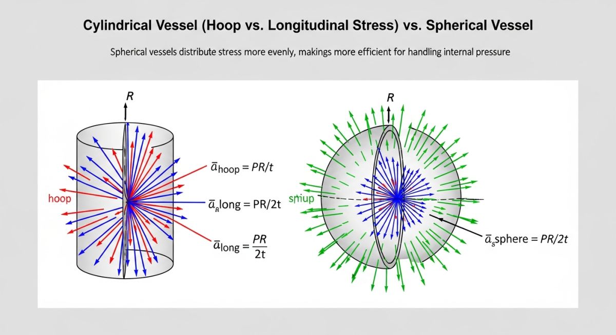 Stress distribution comparison diagram between different Types of Pressure Vessels specifically cylindrical versus spherical shapes