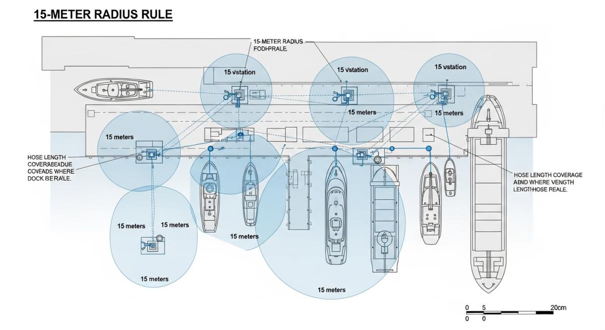 Utility station piping layout and spacing diagram showing 15m hose reach