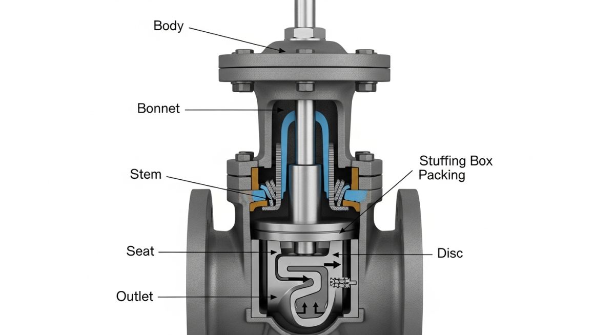 Cross-section engineering diagram showing internal components and trim of valves in piping
