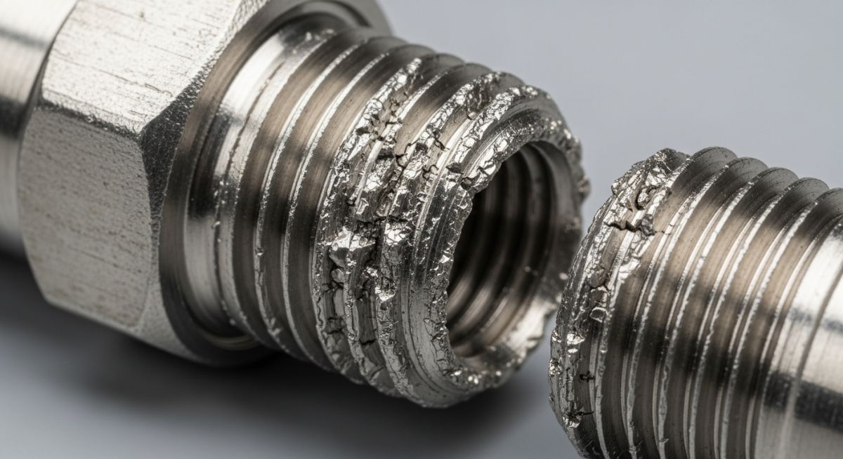 Damaged stainless steel valve stem threads showing severe galling and seizure damage