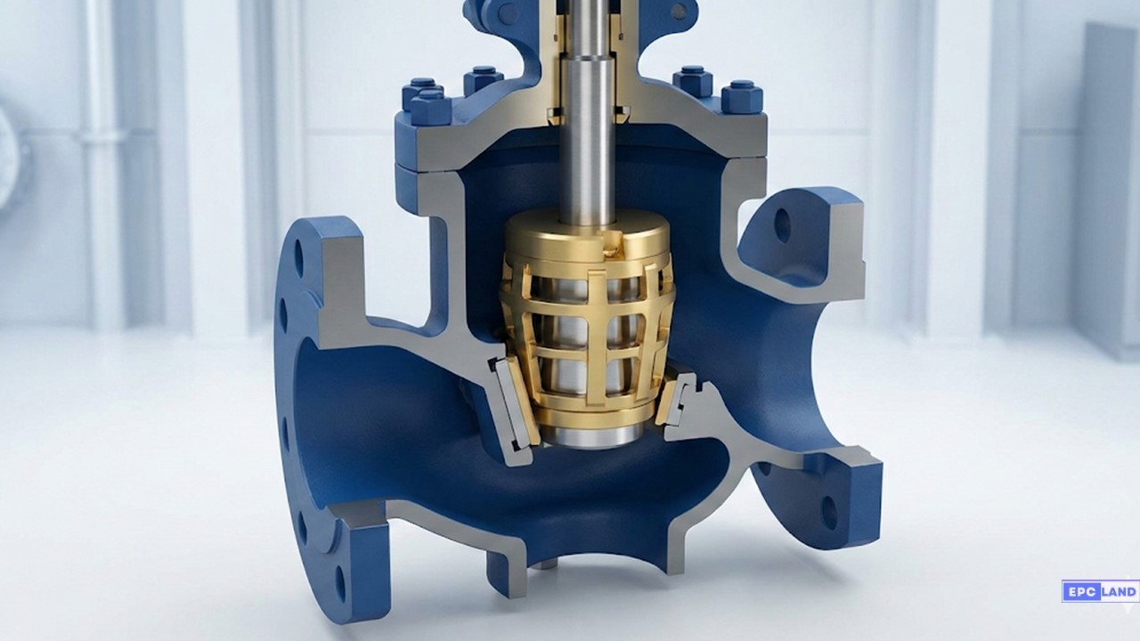Valve Trim components 3D cutaway showing cage plug and seat ring for severe service applications.