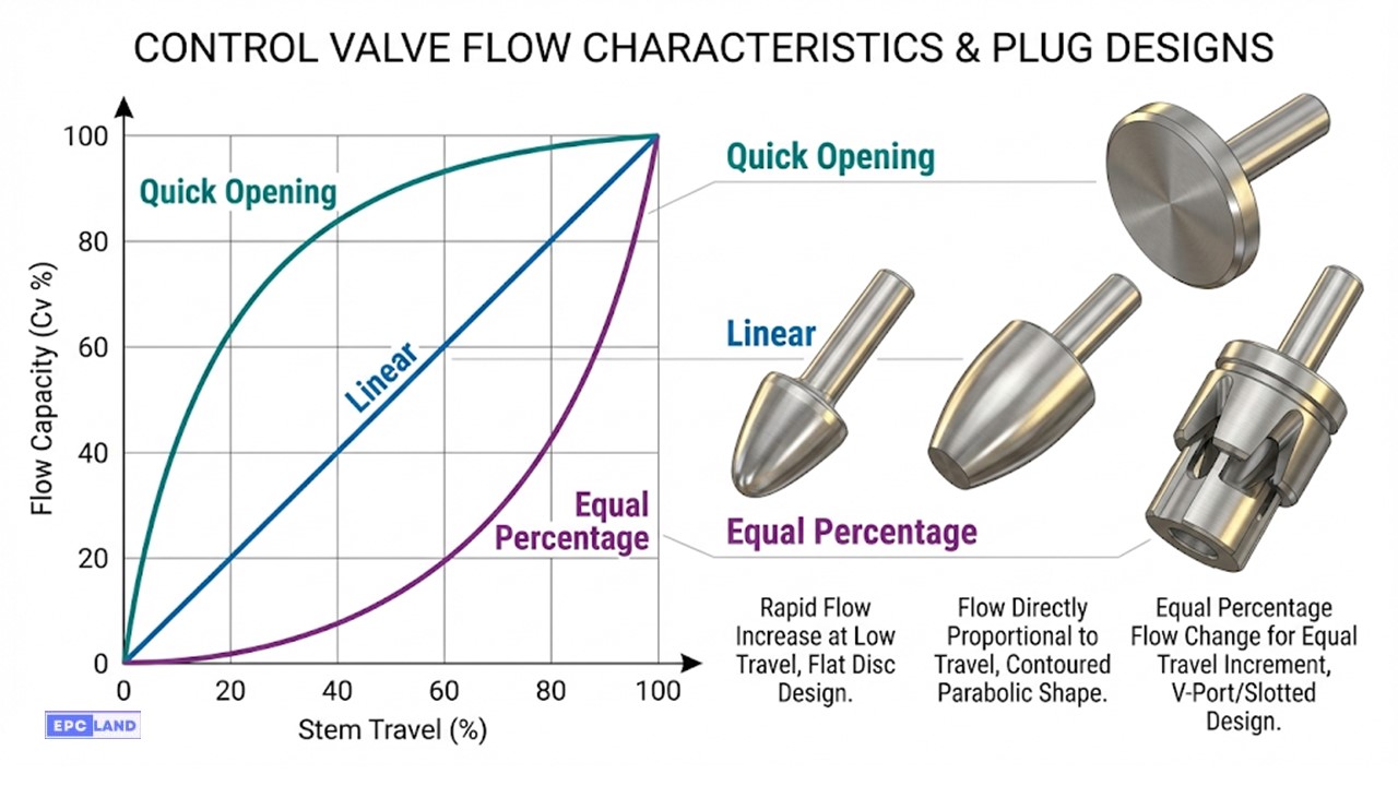 Graph showing Quick Open Linear and Equal Percentage valve trim flow characteristics