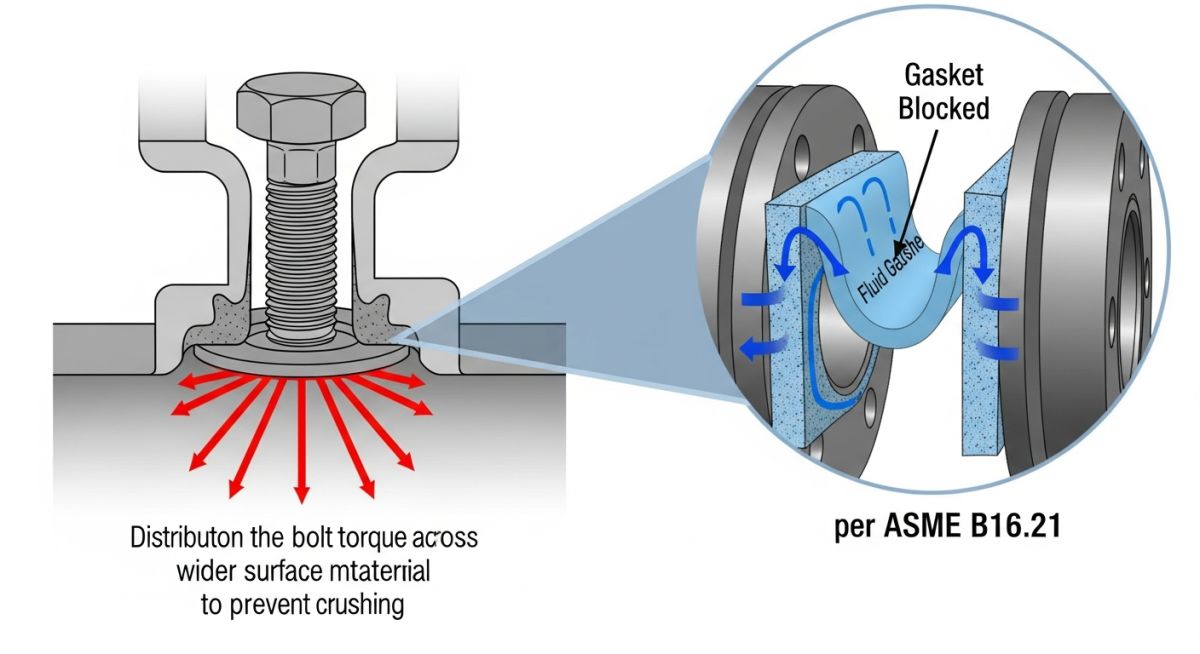 Engineering diagram comparing load distribution of washers vs gaskets sealing mechanics