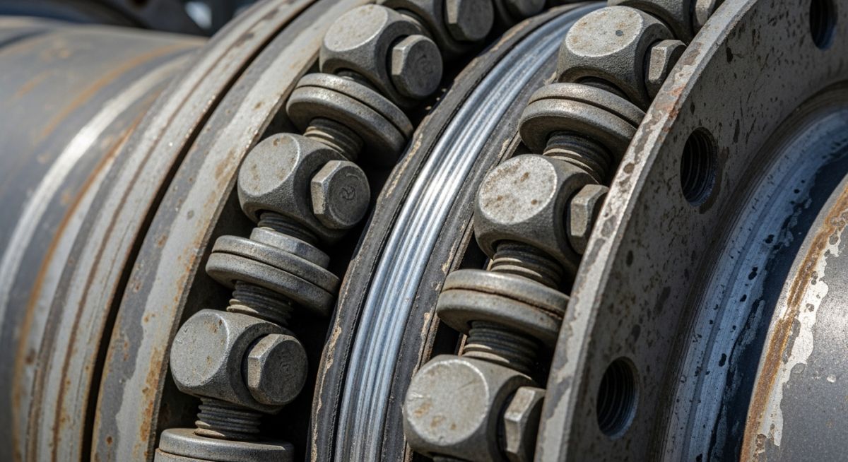 Industrial piping assembly showing the functional difference of washers vs gaskets in a high-pressure flange joint.