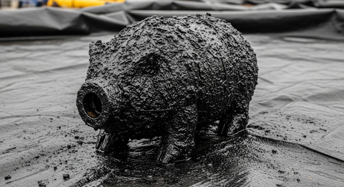 Retrieved cleaning pig covered in heavy paraffin wax deposits after a successful crude oil pipeline cleaning run
