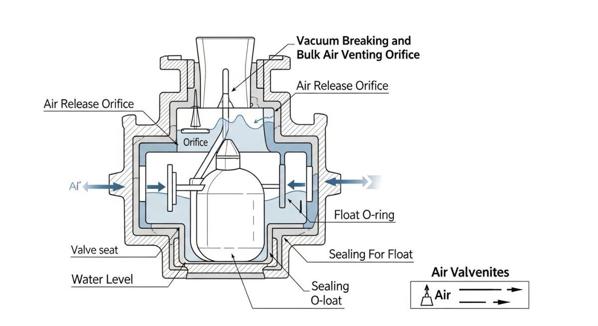 Technical cross-section diagram of an Air Relief Valve showing internal float and orifice mechanics