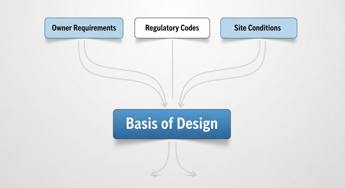 Technical flow chart illustrating the development process of a Basis of Design