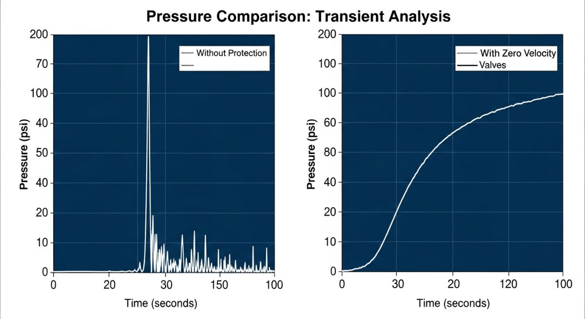 Pressure surge analysis graph demonstrating water hammer prevention using Zero Velocity Valves