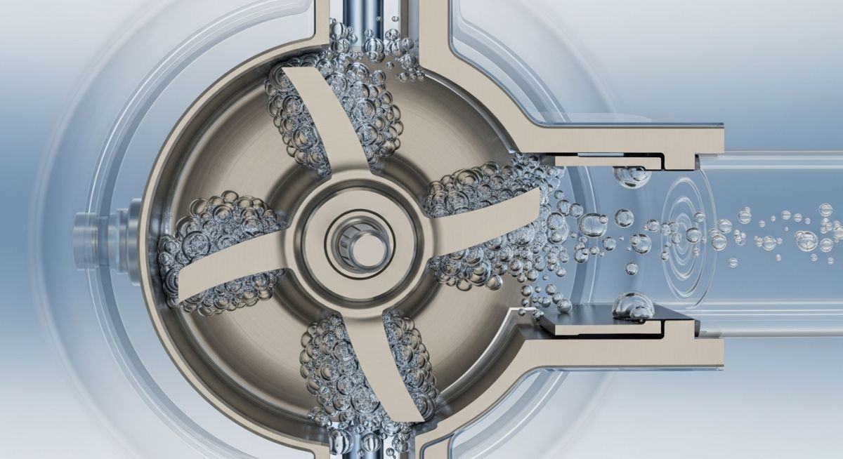 High-pressure centrifugal pump cavitation occurring on stainless steel impeller blades.