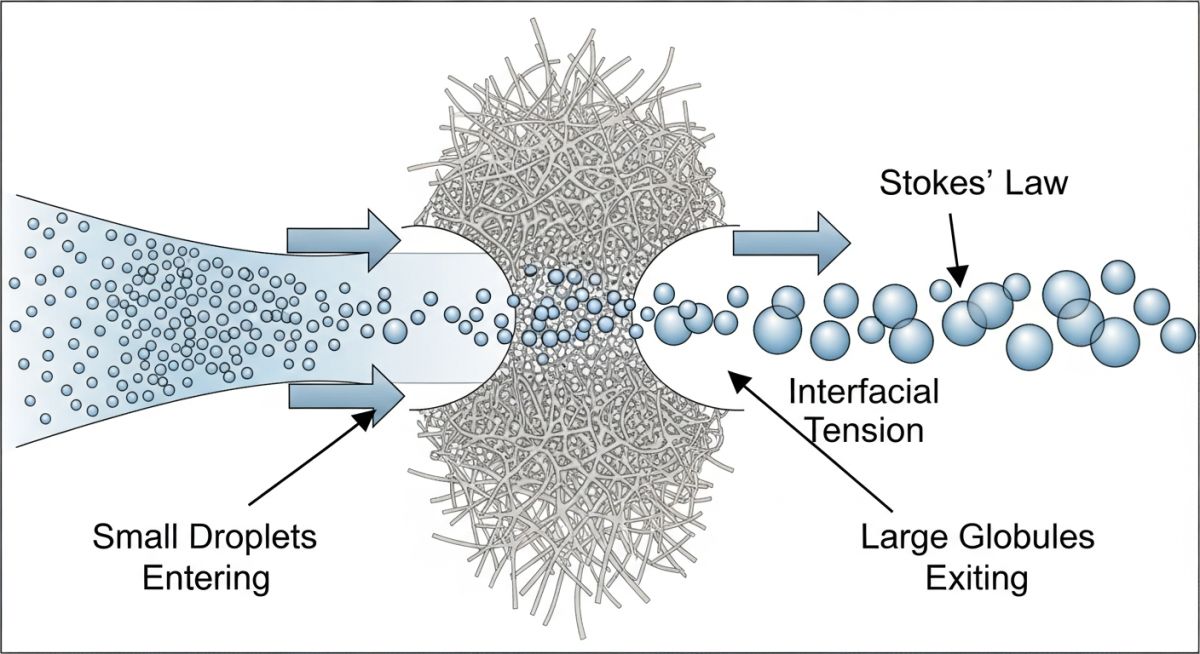 Technical diagram explaining how a coalescer works and what is a coalescer media