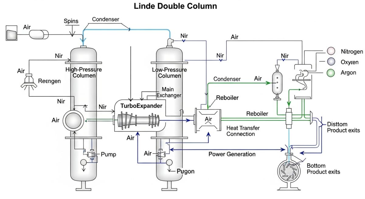 Engineering flow diagram of the Linde Double Column Cryogenic Air Separation Process including heat exchanger and expansion turbines