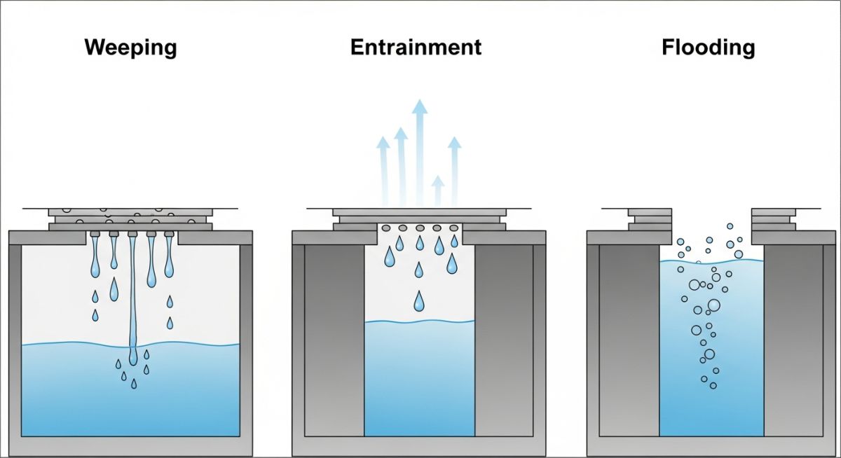 Engineering diagram comparing weeping vs entrainment vs flooding in distillation column