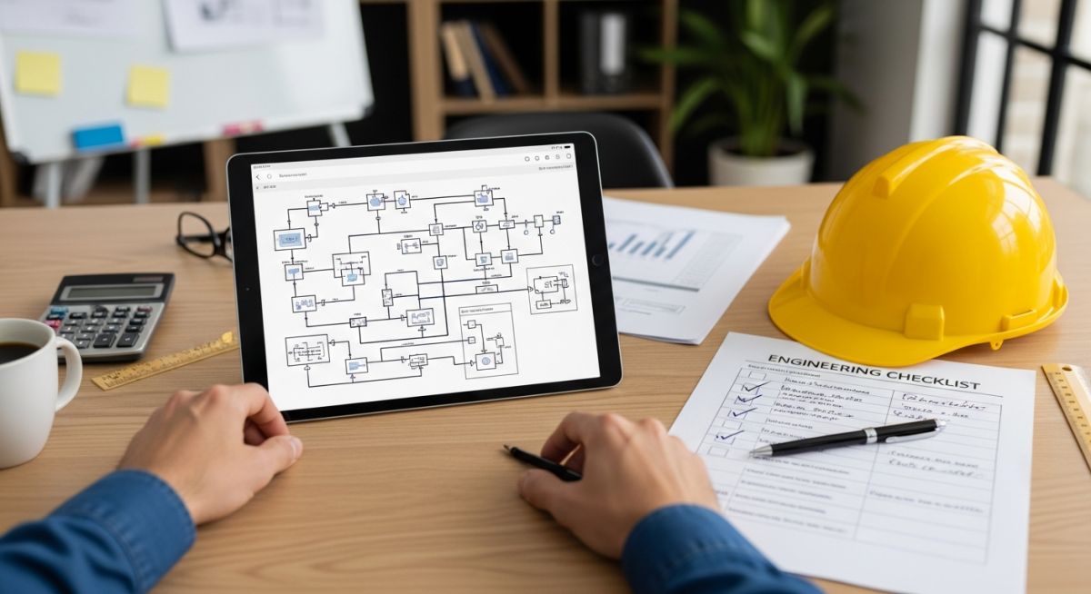 Professional engineering workspace showing a Basis of Design document layout for a 2026 project.