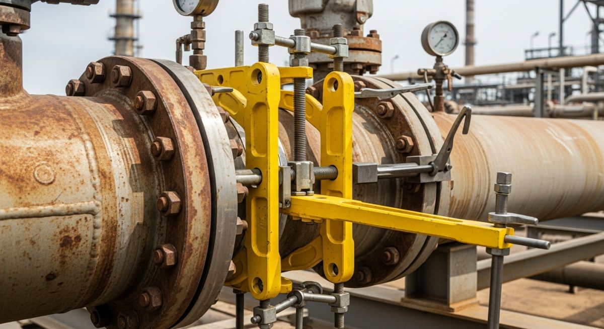 Industrial technician using a Flange Alignment Tool for pipe connection.