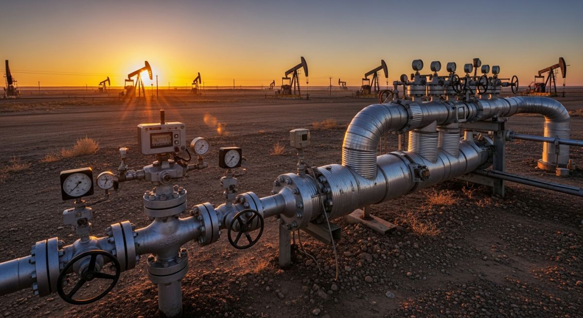 Industrial view showing the connection of Flowlines vs Pipelines at a wellhead site.