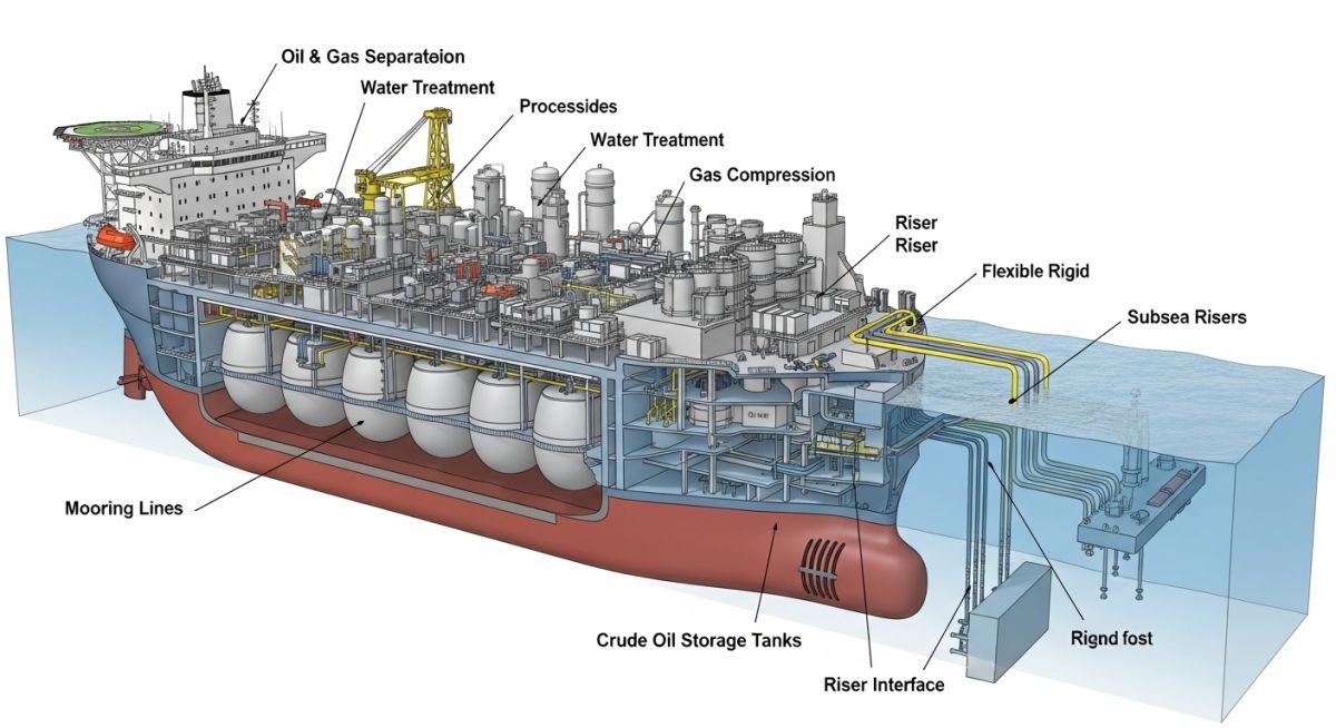 Engineering diagram showing main FPSO Components and Working systems