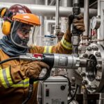 Industrial technician performing a professional Hot Bolting Procedure on a live high-pressure flange.