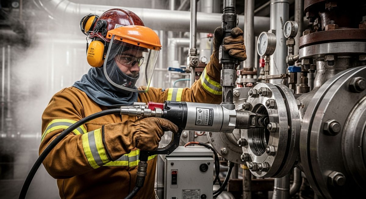 Industrial technician performing a professional Hot Bolting Procedure on a live high-pressure flange.