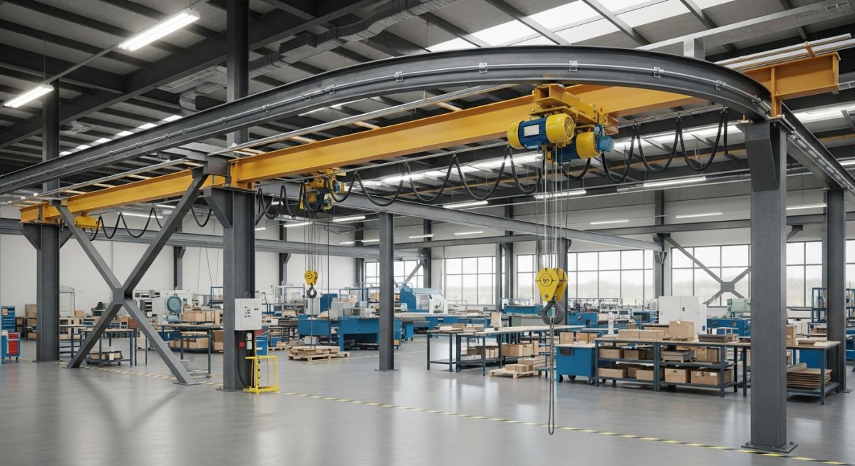 Industrial Monorail Crane Systems installed in a modern manufacturing plant 2026.