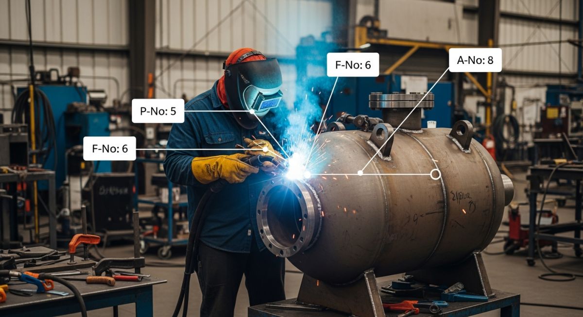 Professional welding application involving P-Number, F-Number, and A-Number in Welding standards.