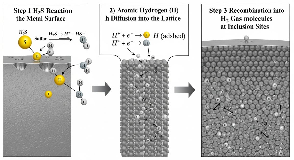 Engineering diagram of the Hydrogen Induced Cracking mechanism and atomic hydrogen diffusion in steel