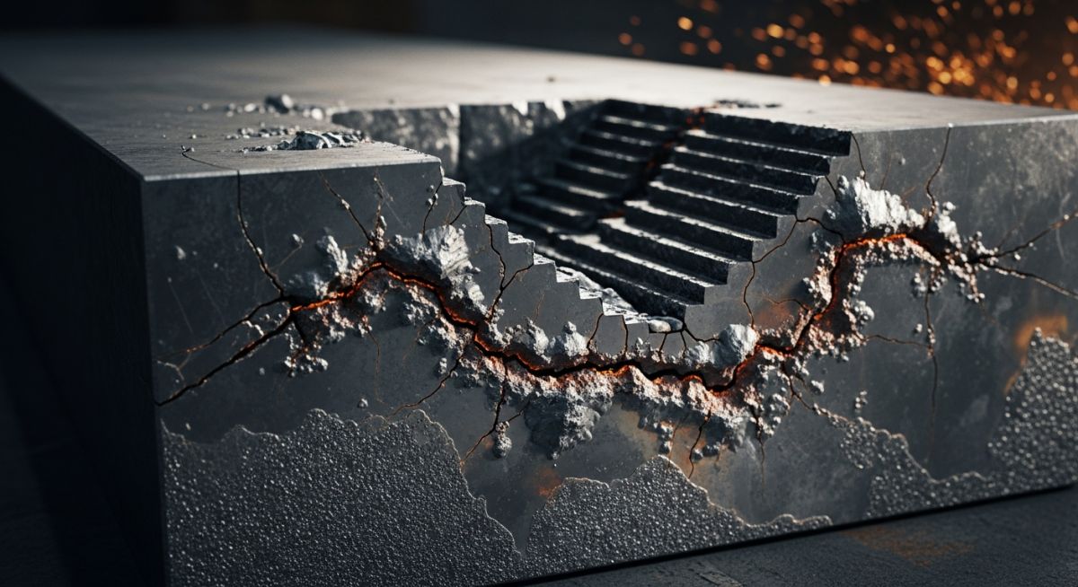 Hydrogen Induced Cracking (HIC) damage in industrial pressure vessel steel.