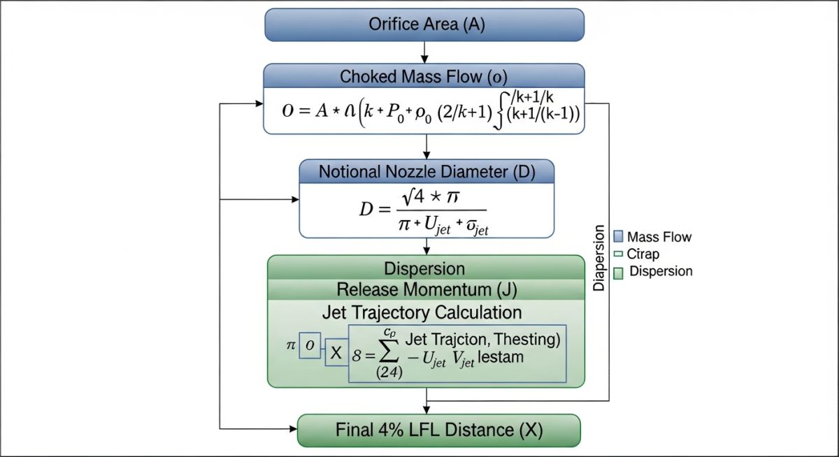Technical chart showing Hydrogen Separation Distance Calculation steps for 4 percent LFL
