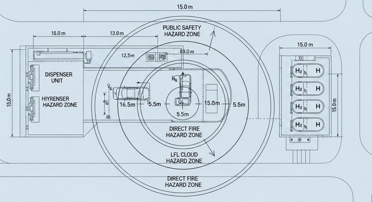 Case study layout for Hydrogen Separation Distance Calculation in a refueling station