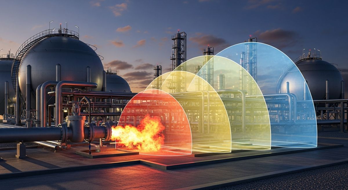 Engineering diagram of Hydrogen Separation Distance Calculation for high-pressure storage.