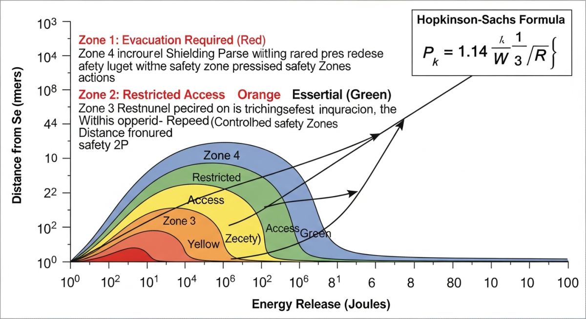 Engineering diagram of Hydrogen Vessel safety zone calculations and TNT equivalence