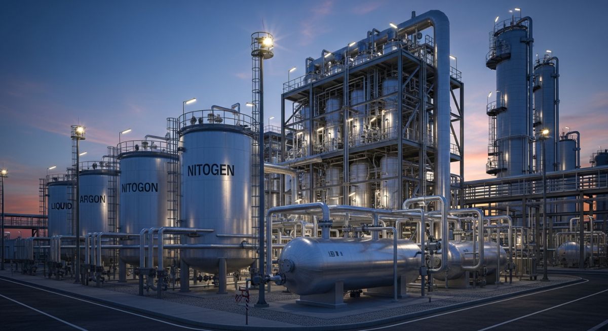 Industrial site layout of a multi-train Cryogenic Air Separation Process plant with liquid storage tanks.