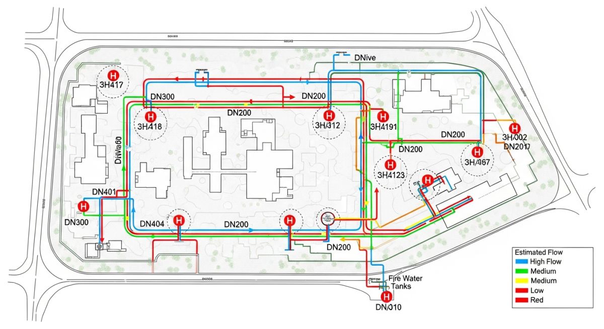 Engineering site plan for an industrial Fire Hydrant System Design layout and flow analysis