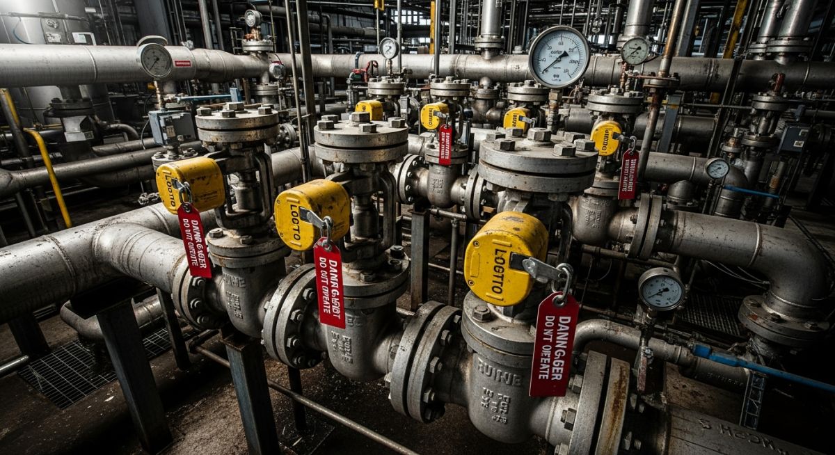 Industrial piping system showing Positive Isolation Philosophy with DBB valves.