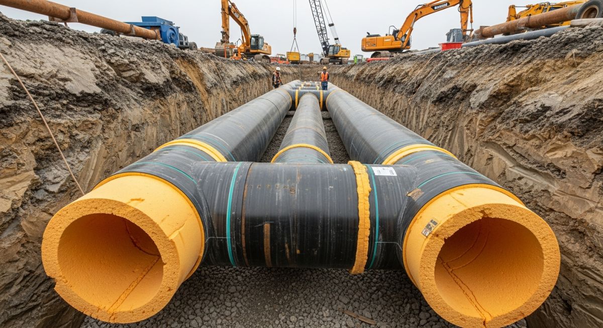 Industrial Underground Piping Insulation installation in a municipal district heating trench.