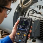 Senior engineer performing predictive maintenance using a digital Vibration Analyzer on a centrifugal pump motor.
