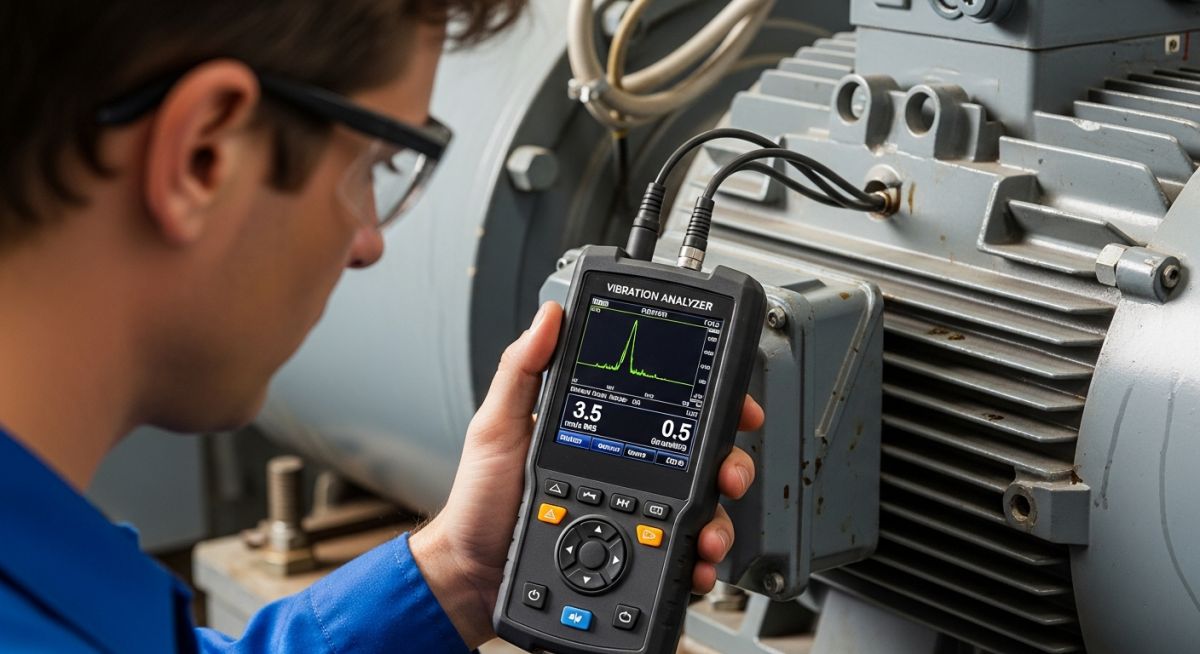 Senior engineer performing predictive maintenance using a digital Vibration Analyzer on a centrifugal pump motor.