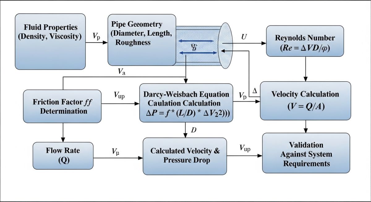 Engineering flowchart illustrating the Hydraulic Calculation Guidelines for line sizing and pressure drop