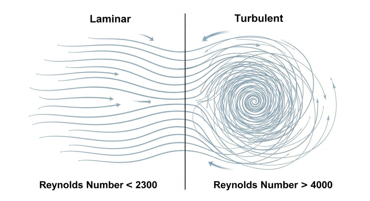 Technical diagram comparing laminar and turbulent Flow through Pipes based on Reynolds Number