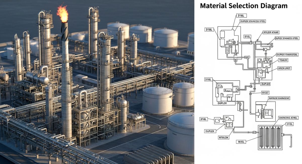 Professional engineering Material Selection Diagram for oil and gas refinery piping systems.