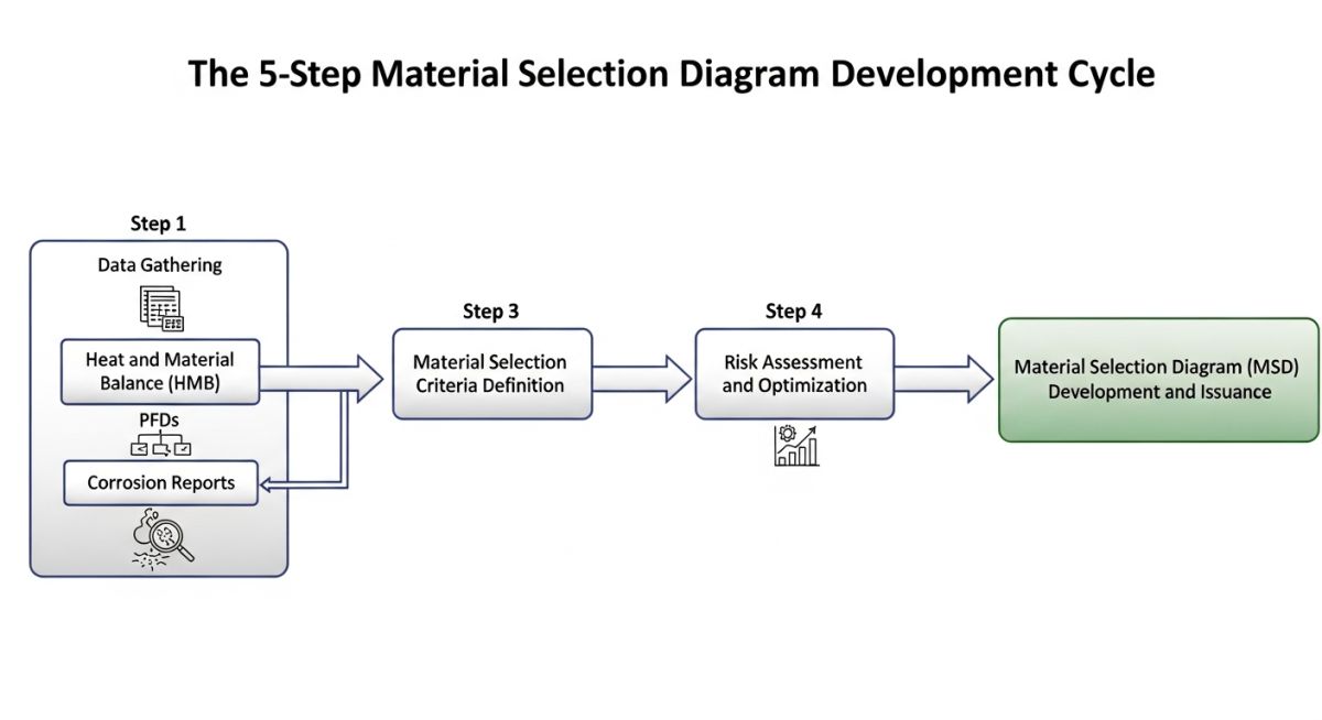 Technical flowchart showing the development process of a Material Selection Diagram including corrosion allowance
