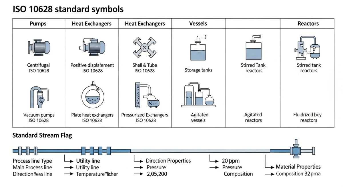 ISO 10628 standard symbols and equipment icons used in a Process Flow Diagram (PFD)