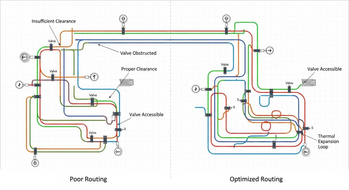 Technical infographic illustrating optimized Pipe Routing Concepts and spatial clearances