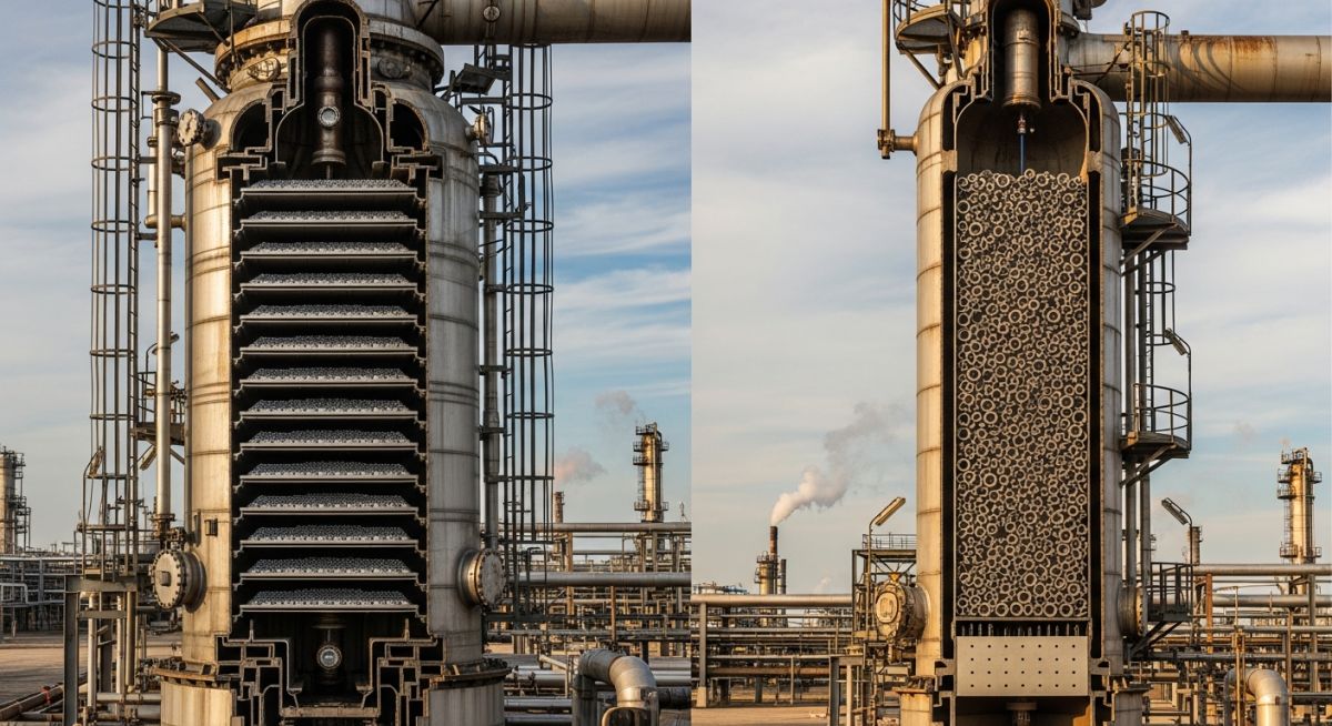 Industrial comparison of Plate Tower vs Packed Tower in a chemical processing plant.