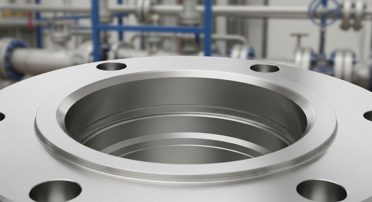 Heavy duty stainless steel RTJ Flange with precision machined groove for high pressure oil and gas applications.