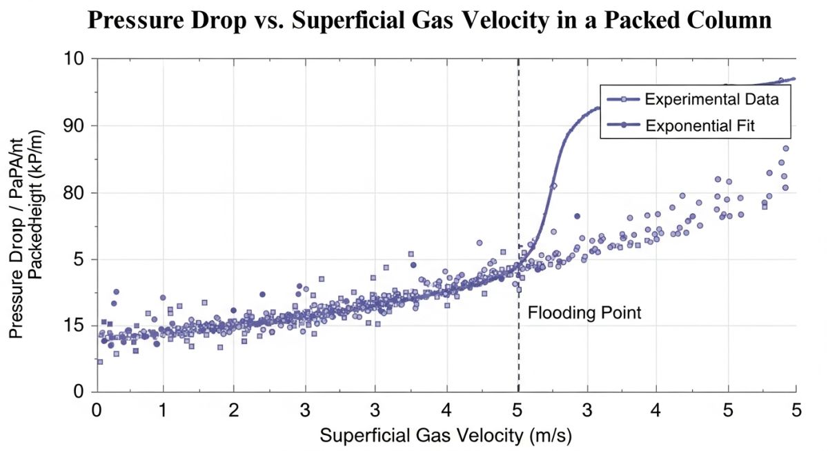 Pressure drop vs vapor velocity graph showing the point of flooding in distillation column