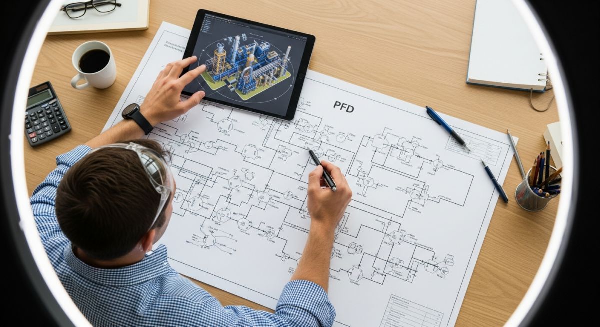 Professional engineer reviewing a complex Process Flow Diagram (PFD) for plant optimization.